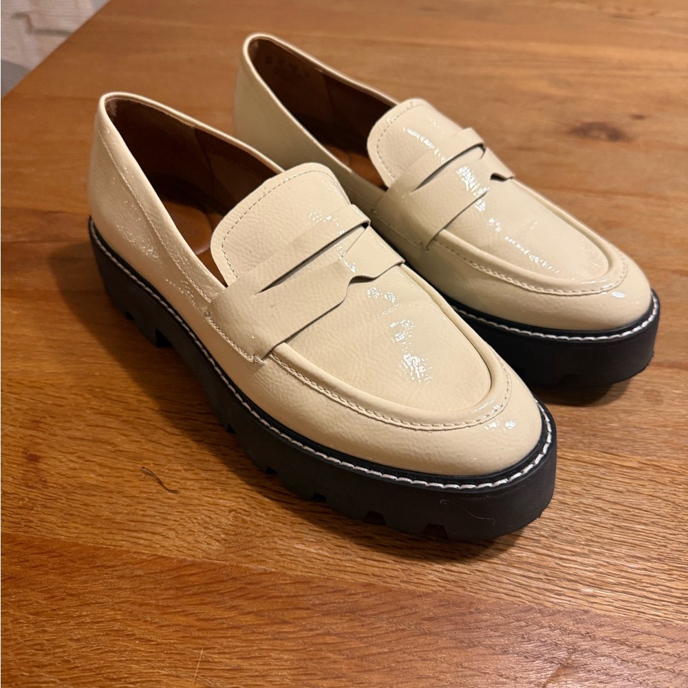 Franco Sarto Patent Cream Loafers with Black Sole
